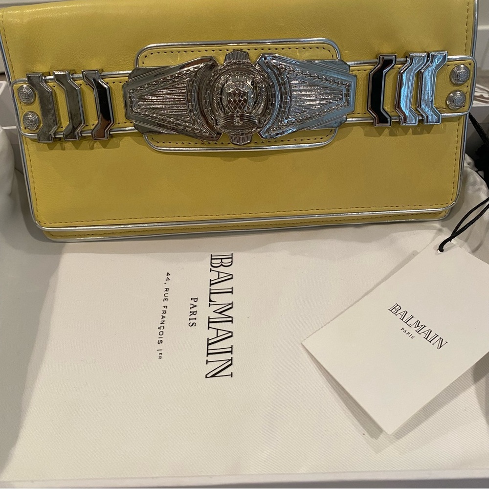 Balmain Paris Yellow Leather Medallion Clutch